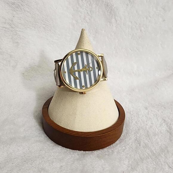 Gold/Grey Striped Anchor Leather Watch - Picture 6 of 9
